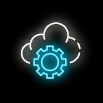Neon blue cloud computing icon with gear setting symbol on black background Illustrazione stock