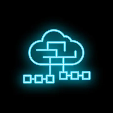 Neon blue cloud computing icon showing data storage and network connectivity 库存插图