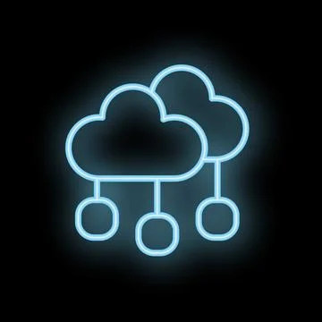 Neon blue cloud computing icon is glowing on a black background, representing Stock Illustration