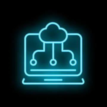 Neon blue cloud computing icon laptop connecting sharing data Illustrazione stock