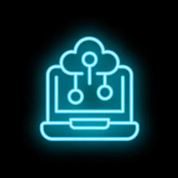 Neon blue cloud computing icon showing data flowing to laptop computer 스톡 일러스트