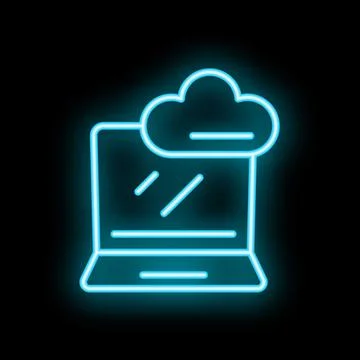 Neon blue cloud computing icon with laptop and data transferring 스톡 일러스트
