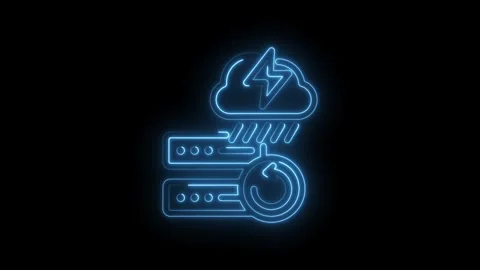 Neon blue cloud with lightning and rain over server racks and circular refresh Stock Footage 333952087