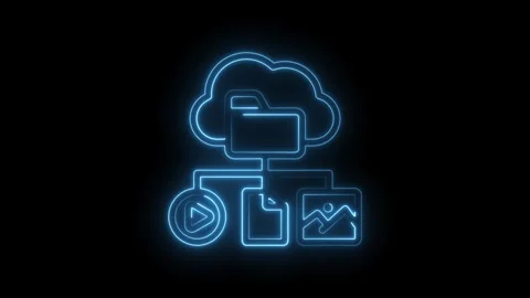 Neon blue cloud storage icon with folder play button document and image sym.. Stock Footage 346123237