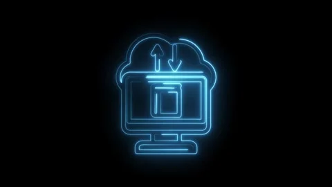 Neon blue cloud upload download icon on black background digital data transfer Stock Footage 333956388