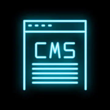Neon blue cms icon showing content management system Stock Illustration