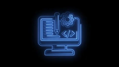 Neon blue coding icon with computer screen gear and pencil symbolizing soft.. Stock Footage 346897454
