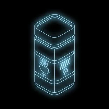 Neon blue coffee tin packaging shining on black background Stock Illustration