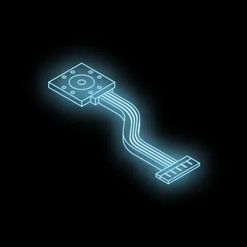 Neon blue computer chip connecting with cable on black background イラスト素材