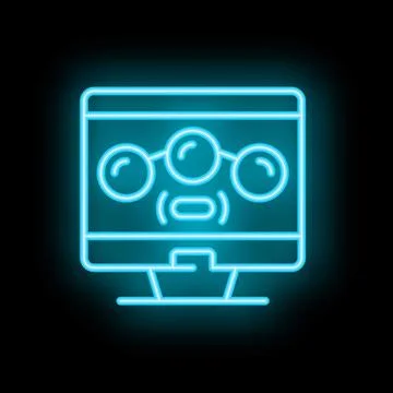 Neon blue computer displaying a molecule on a black background Stock Illustration