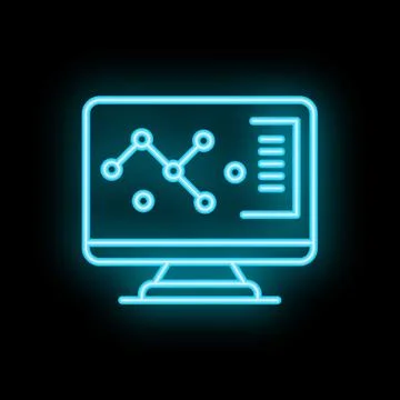 Neon blue computer icon displaying business graph for data analysis Stock Illustration