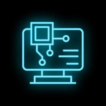 Neon blue computer icon showing microchip connecting to data on screen Stock Illustration