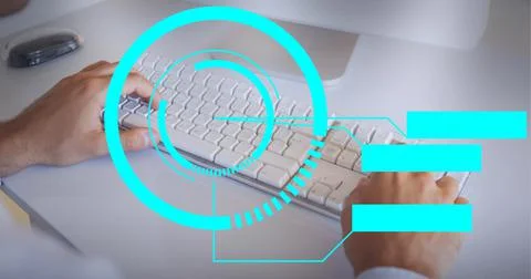 Neon blue computer interface against mid section of person using computer Foto stock