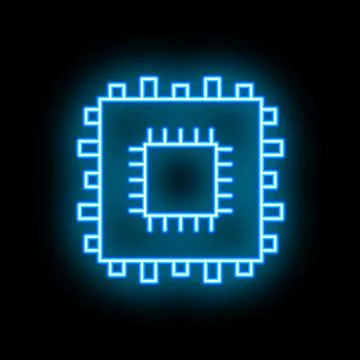 Neon blue computer microchip glowing on black background Stock Illustration