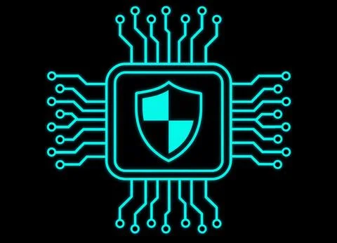 Neon blue computer microchip processor with security shield icon on dark ba.. Ilustración de archivo