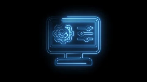 Neon blue computer screen displaying gear icon with checkmark and sliders for 库存影片 333963787