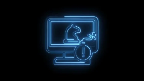 Neon blue computer screen displaying chess knight with bomb and exclamation.. Stock Footage 346139338