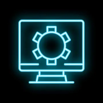 Neon blue computer screen displaying settings gear icon on black background 스톡 일러스트