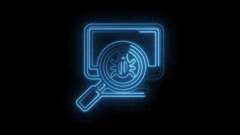 Neon blue computer screen with magnifying glass scanning a bug icon cyberse.. Stock Footage 346825759
