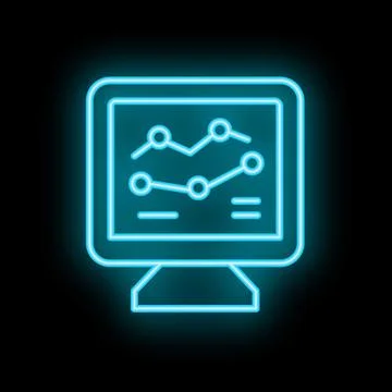 Neon blue computer screen showing growing chart icon on black background Stock Illustration