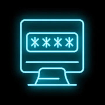 Neon blue computer screen showing password stars on black background Stock Illustration