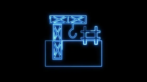 Neon blue construction crane icon glowing in dark empty background. Stockbeeldmateriaal 337081917