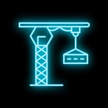 Neon blue construction crane lifting cargo on black background Ilustración de archivo