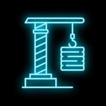 Neon blue construction crane lifting concrete slab on black background Stock Illustration