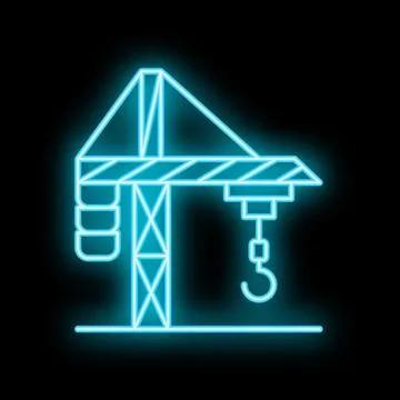 Neon blue construction crane lifting on black background Ilustración de archivo