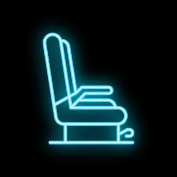 Neon blue contour comfortable passenger seat icon glowing on black background Stock Illustration
