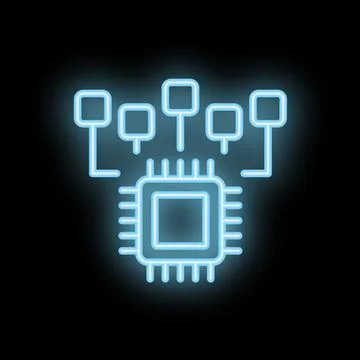 Neon blue cpu microchip connecting to multiple devices 스톡 일러스트