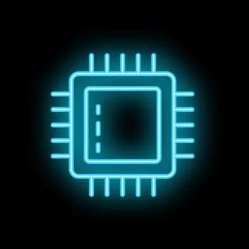 Neon blue cpu microchip glowing on black background Stock Illustration