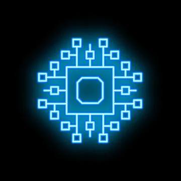 Neon blue cpu microchip glowing on black background イラスト素材