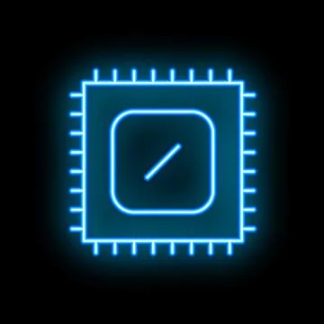 Neon blue cpu microchip glowing on black background Stock Illustration