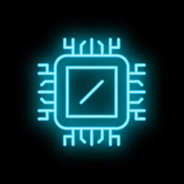 Neon blue cpu microchip glowing on black background 스톡 일러스트