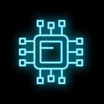 Neon blue cpu microchip icon glowing on black background イラスト素材