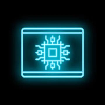 Neon blue cpu microchip icon glowing on black background 스톡 일러스트