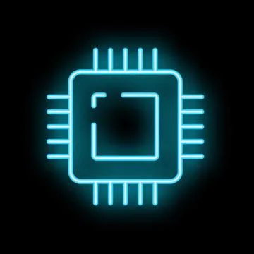 Neon blue cpu processor icon glowing on black background 库存插图
