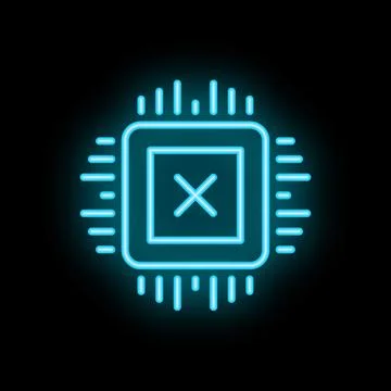 Neon blue cpu showing error sign on black background Illustrazione stock