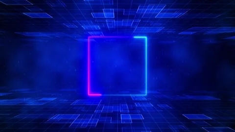 Neon blue cube grid interface square frame, futuristic room perspective, floatin Stock Footage 340456834