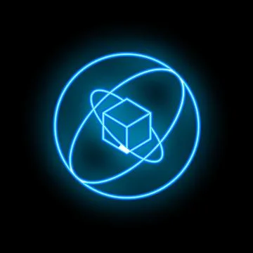 Neon blue cube rotating inside a sphere on black background 스톡 일러스트