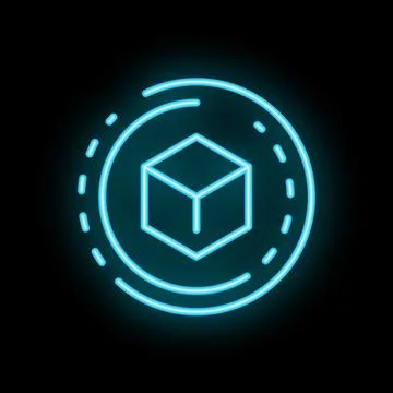 Neon blue cube rotating inside glowing circle on black background Illustrazione stock