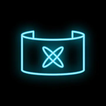 Neon blue curved screen displaying rotating atom symbol on black background Stock Illustration