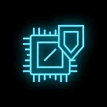 Neon blue cyber security icon depicting a cpu being protected by a shield イラスト素材