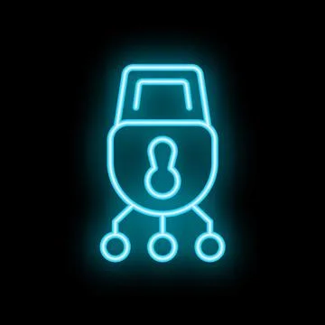 Neon blue cyber security padlock icon protecting network servers on black b.. Stockillustratie