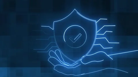 Neon blue cyber security shield over hand. Neon blue cyber shield for perso.. Stock Footage 337815796