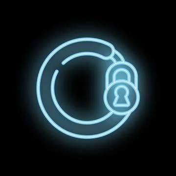 Neon blue cycle locked with padlock on black background Stock Illustration