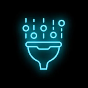 Neon blue data funnel processing information flow on black background Illustrazione stock