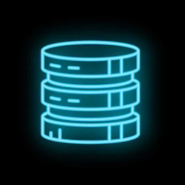 Neon blue database icon glowing against a black background 스톡 일러스트