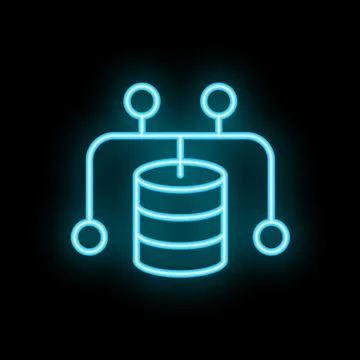 Neon blue database icon representing data storage and network connectivity Stock Illustration
